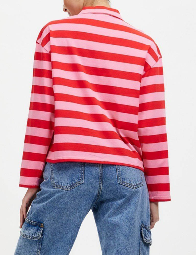 Cozy Striped Lapel Zip Polo Sweatshirt