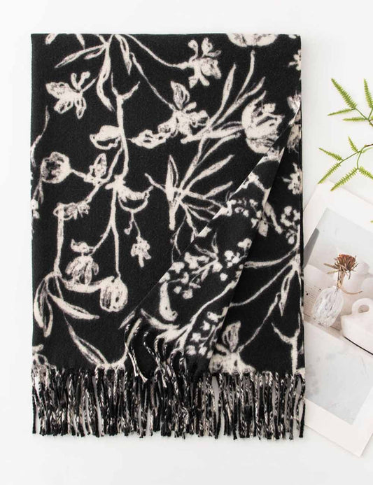 Floral Print Soft Fringed Thick Scarf