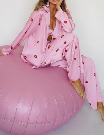 3 Pcs Sexy Print Soft Satin Pajamas Set