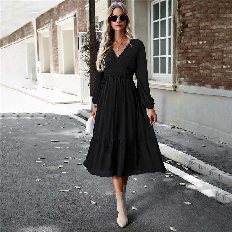 High Waist Solid Color V-Neck Dress