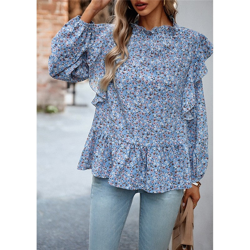Lace Collar Floral Wood Ear Trim Shirt