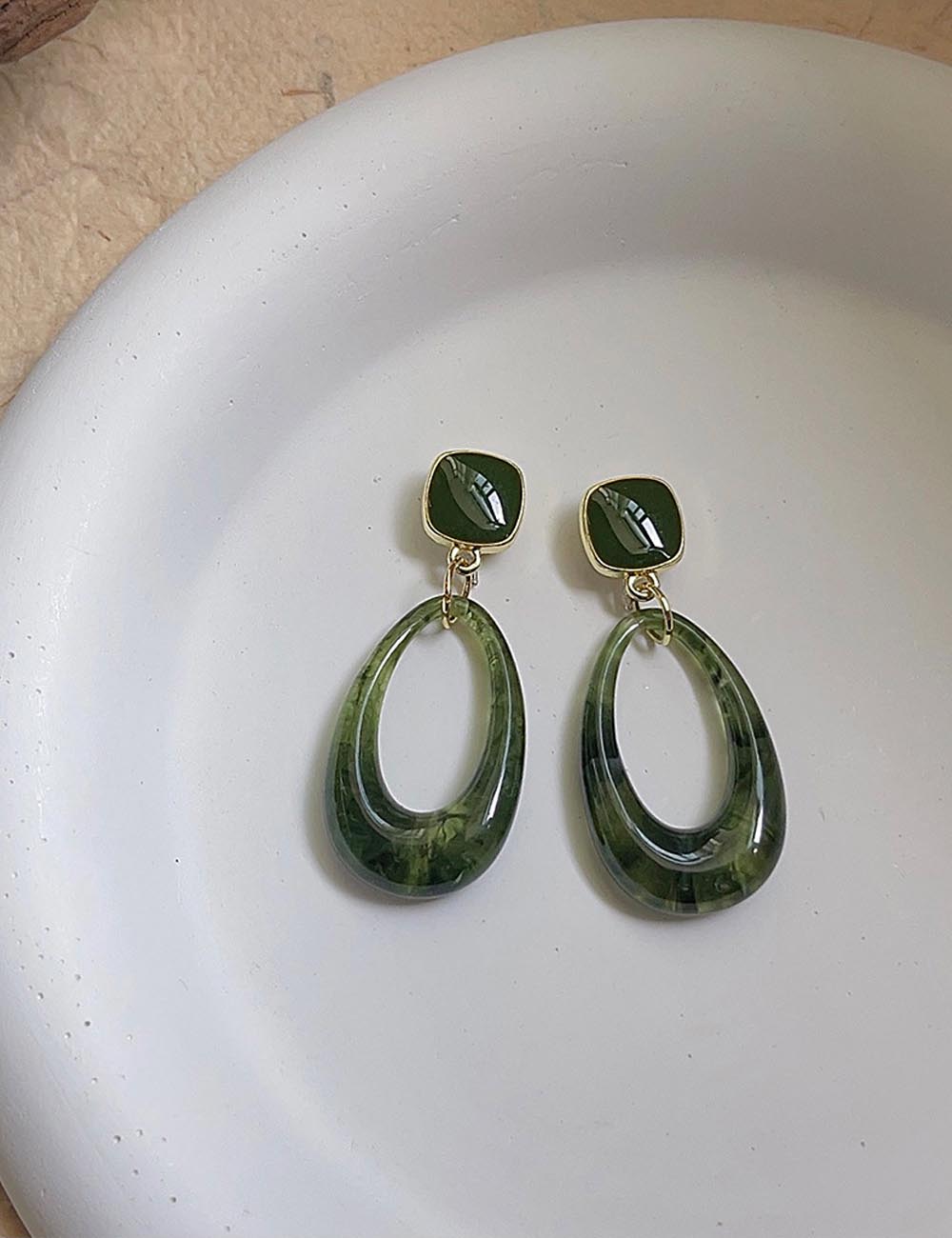 Green Geometric Resin Drop Dangle Earrings