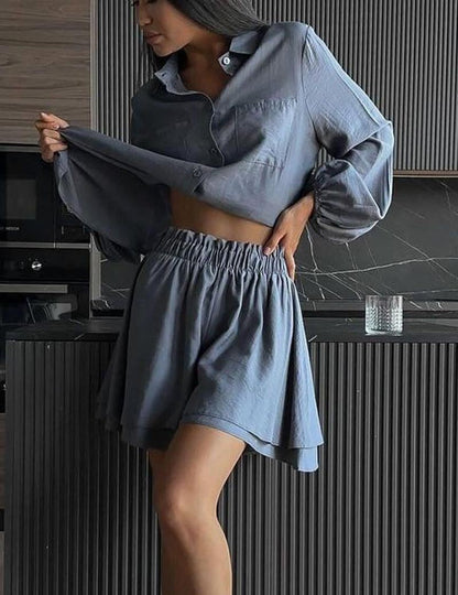 Lantern Sleeve Shirt Flounce Short Set