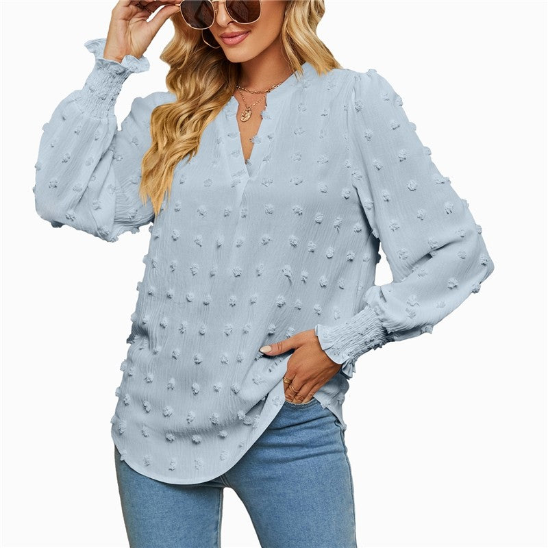 Solid Color V-Neck Long Sleeves Dots Blouse Top