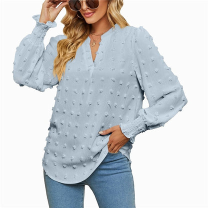 Solid Color V-Neck Long Sleeves Dots Blouse Top