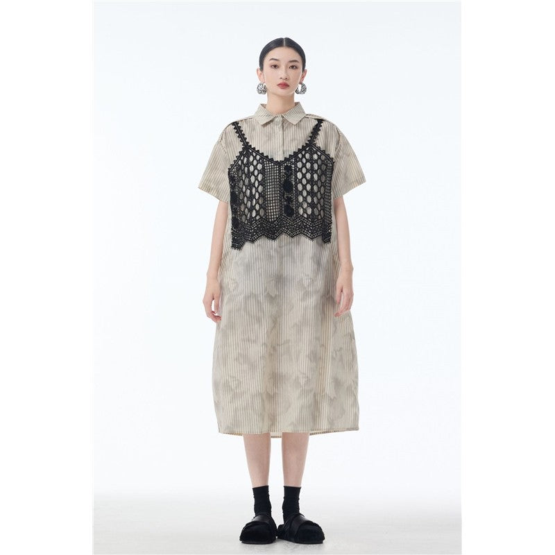 Lace Trim Polo Collar Short Sleeve A Line Dress