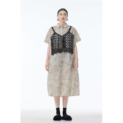 Lace Trim Polo Collar Short Sleeve A Line Dress