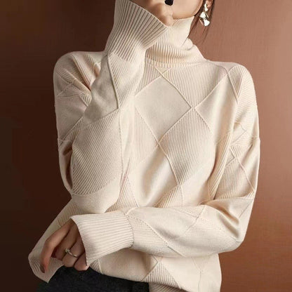 Fashion High Neck Diamond Texture Solid Color Pullover