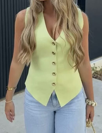 Knit Button Down Sleeveless V-Neck Tank Top