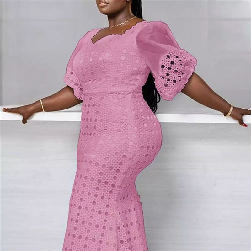 Solid Color Bubble Sleeve Hollow Out Bodycon Jumpsuit Dress