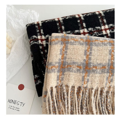 Imitated Cashmere Plaid Thickened Tassled Scarf