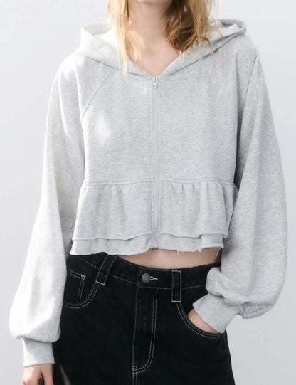 Solid Color Ruffle Trim Zip-Up Hoodie Sweatshirt