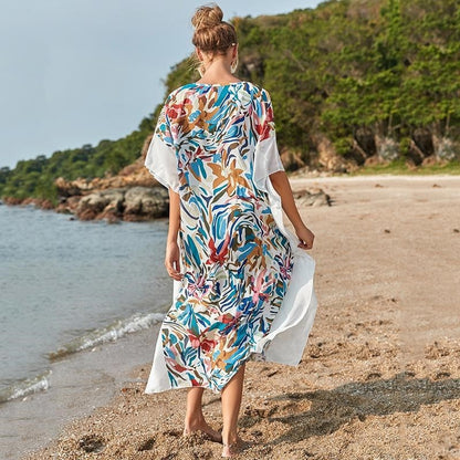 Contrast Color Patchwork Printing V-Neck Half Sleeve Casual Loose Long Beach Dress Bikini Cover-Up