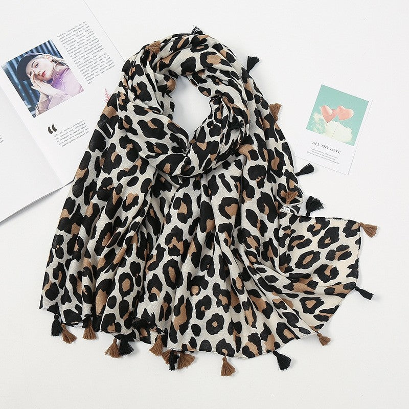 Fashion Colorblock Fringe Leopard Print Cotton Linen Scarf