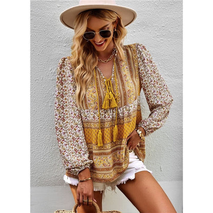 Long Sleeves V-Neck Printing Boho Blouse Top