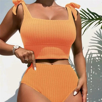 Two Piece High Waist Conservative Solid Color Swimsuit