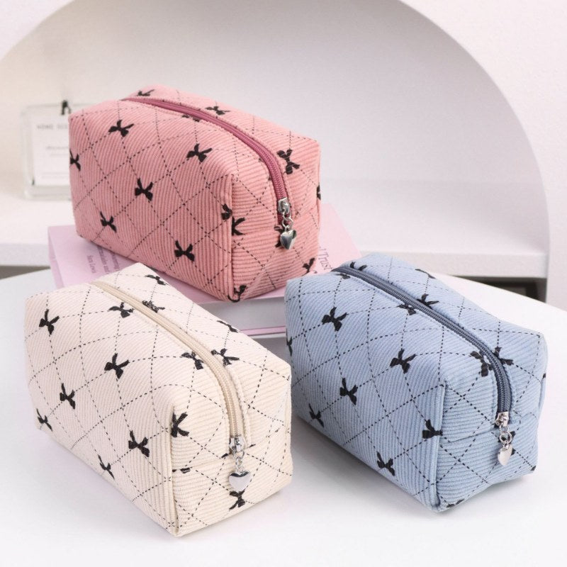 Corduroy Bow Print Large Capacity Make Up Bag