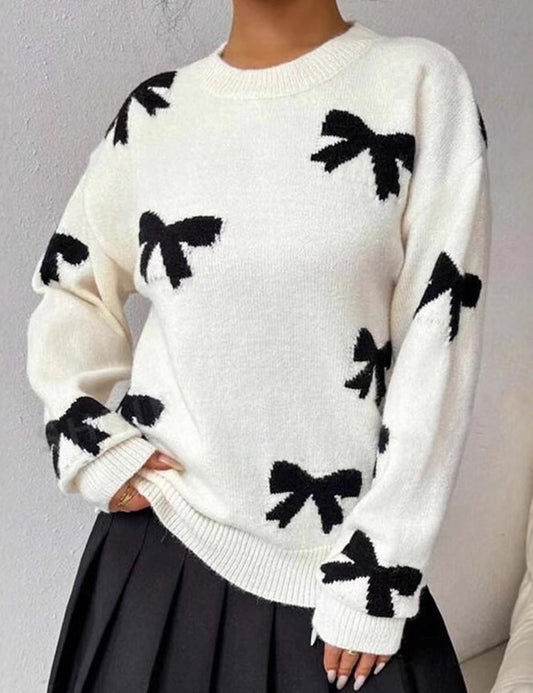 Elegant Round Neck Bow Jacquard Knit Sweater