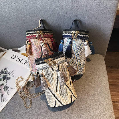 Casual Striped One Shoulder Tasseled Round Bag