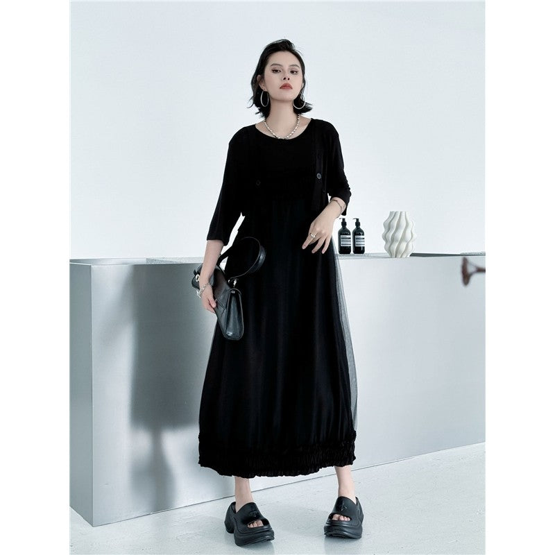 Mesh Panel Pleated Strapless Loose Fit Maxi Dress