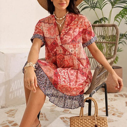 Bohemian V-Neck Print Chiffon Mini Dress