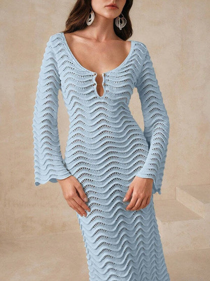 Hollow Out Solid Color Knit Dress Cover Up