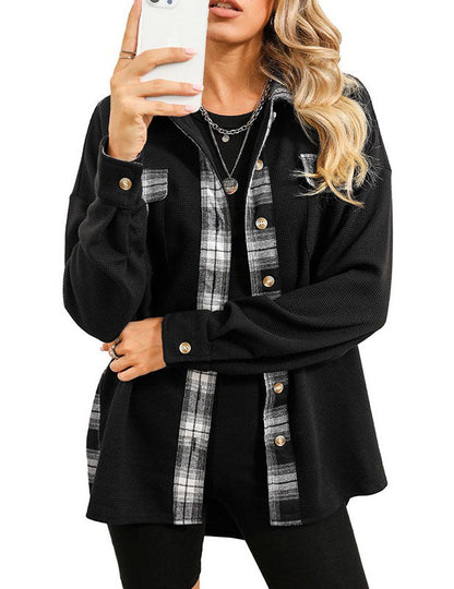 Waffle Plaid Splicing Lapel Button Down Shirts