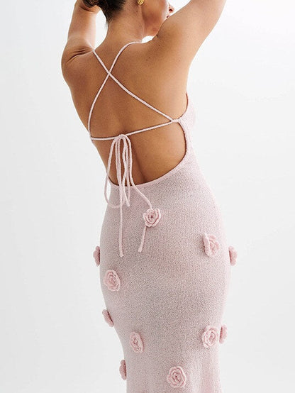 Halter 3D Floral Knit Backless Maxi Dress