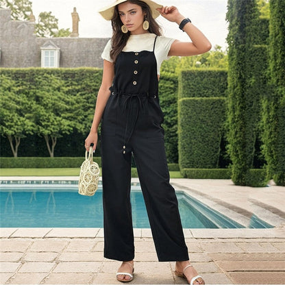 Black Lace-Up Waist Button Suspender Jumpsuit