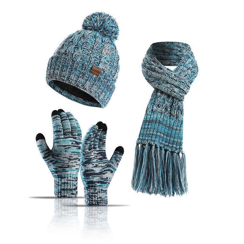 Three-Piece Set Of Color Hat Thick Scarf Touch Screen Gloves