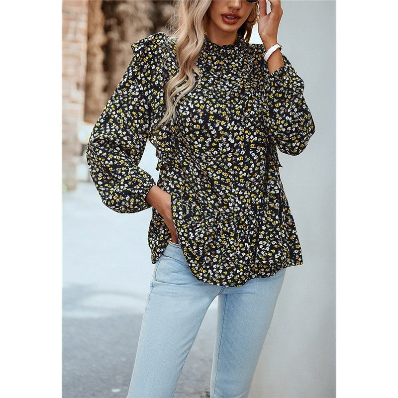 Lace Collar Floral Wood Ear Trim Shirt