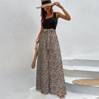 Stretch Waist Leopard Print Flare Pants Bow Tie