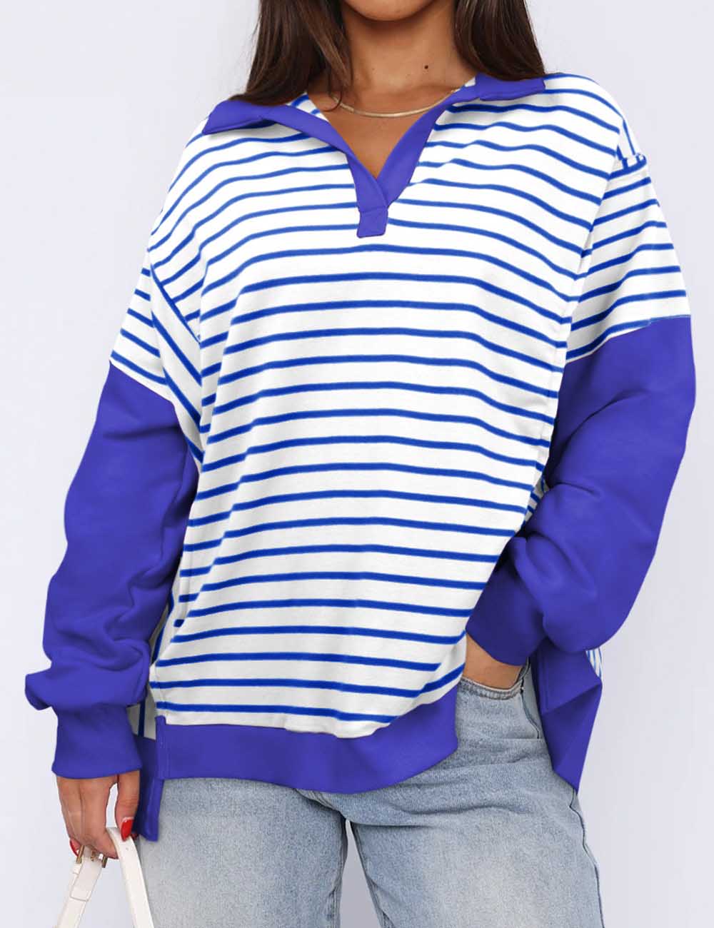 Minimalist Lapel Collar Striped Color Block Top