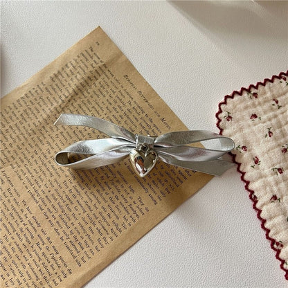 Silver Pearl Bow Hair Clip With Heart Pendant