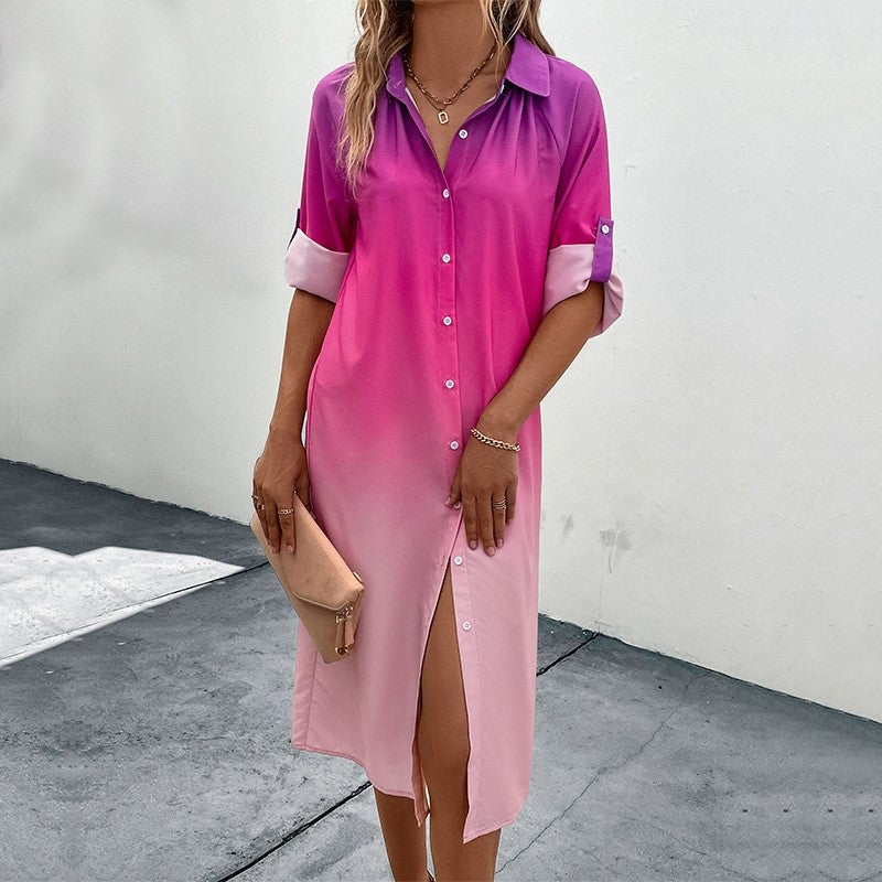 Loose Lapel Cardigan Buttoned Ombre Dress