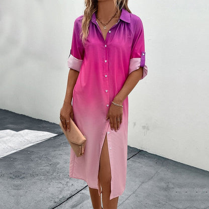 Loose Lapel Cardigan Buttoned Ombre Dress