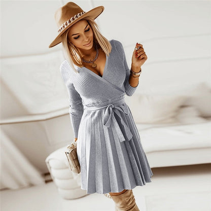 V-Neck Pleated Knitted Short A-Line Dress