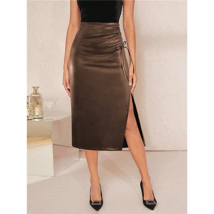 Pleated Tie-Waist High-Waist A-Line Slit Skirt
