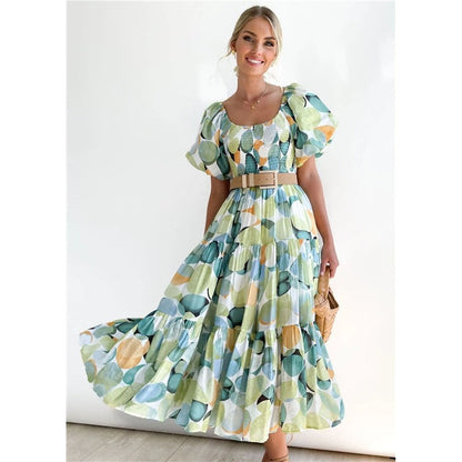 Boat Neck Puff Sleeve Elastic Waist A-Line Long Dress