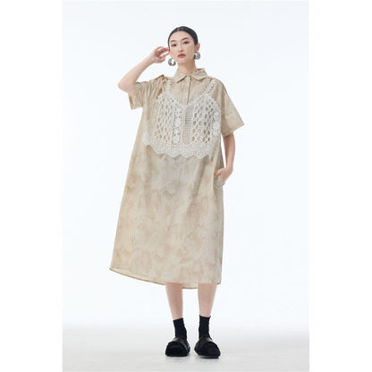 Lace Trim Polo Collar Short Sleeve A Line Dress