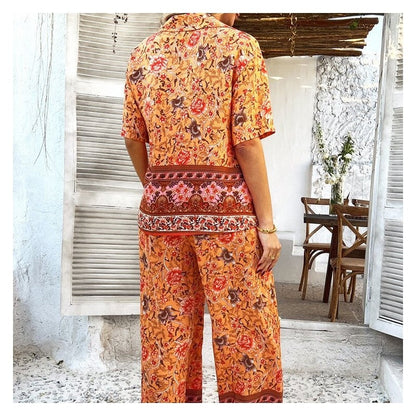 Floral Print Short Sleeve Cardigan And Pants Set