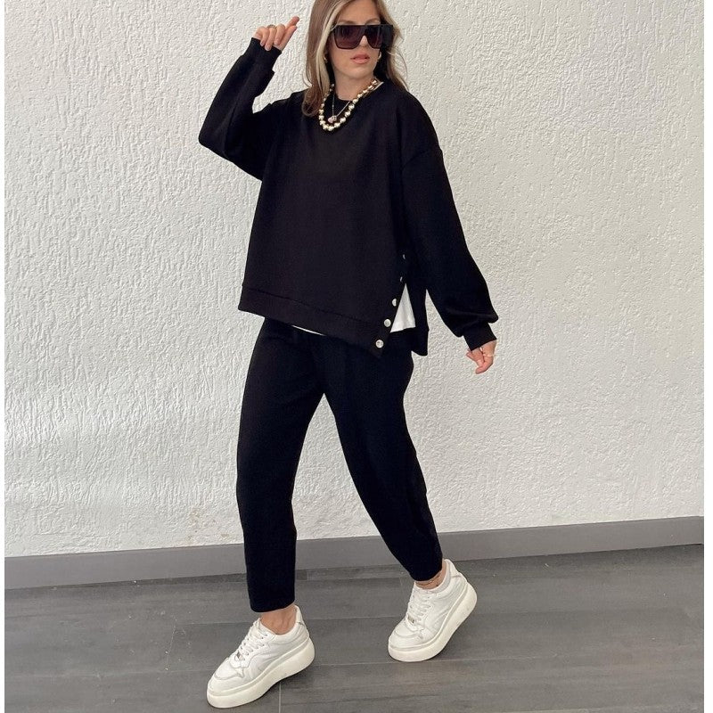 Solid Color Crewneck Long Sleeve Sweatshirt And Sport Pants Two Pieces Suit