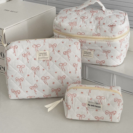 Pink Bow Print Sweet Portable Make Up Bag