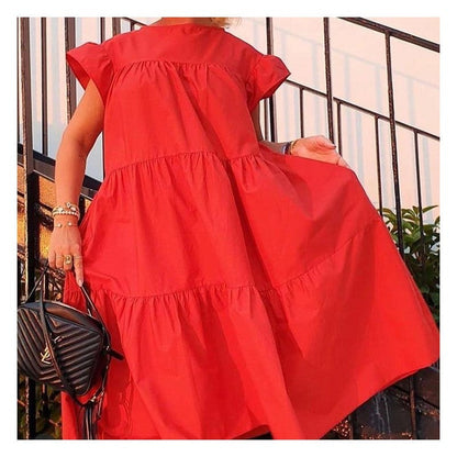 Solid Color Loose Pleated Short Sleeve Dress
