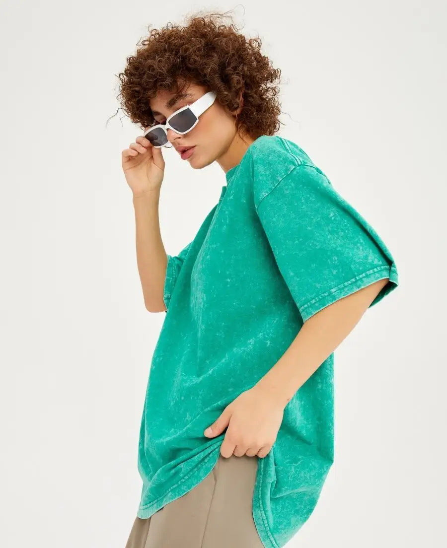 Washed Distressed Loose Short Sleeves Top