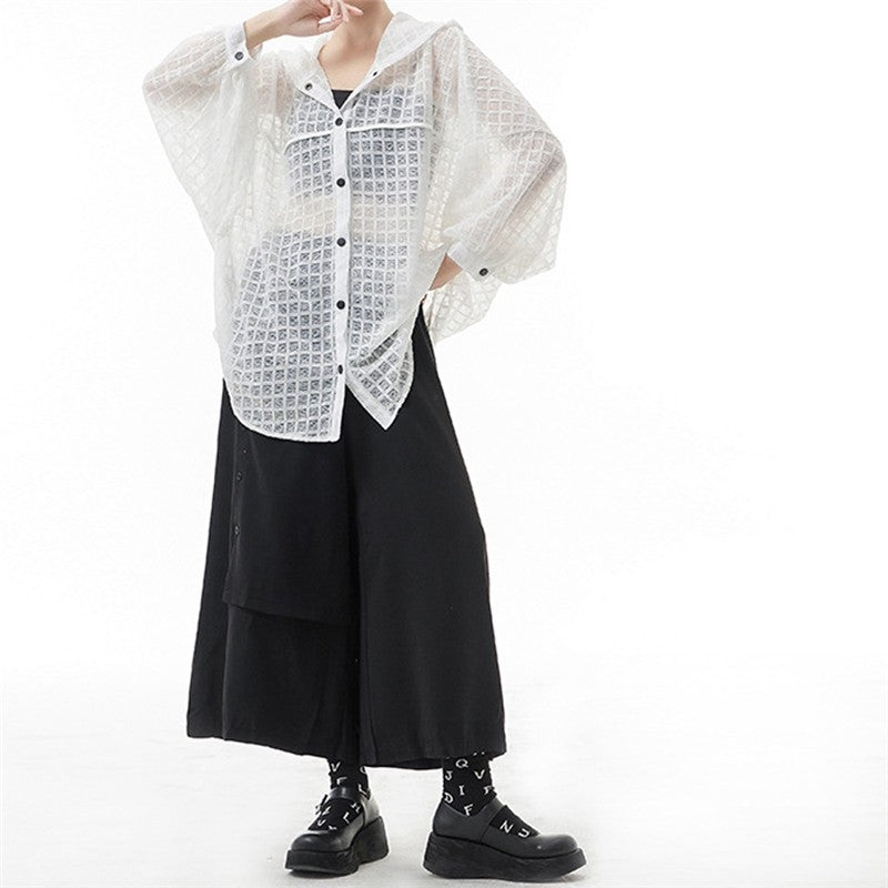 Solid Color Batwing Sleeve Single Breasted See-Through Casual Loose Blouse