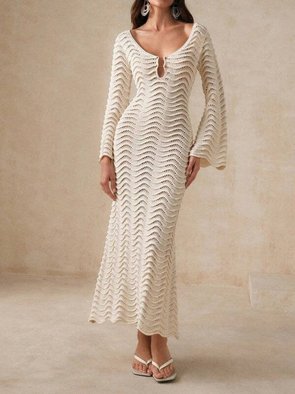 Hollow Out Solid Color Knit Dress Cover Up