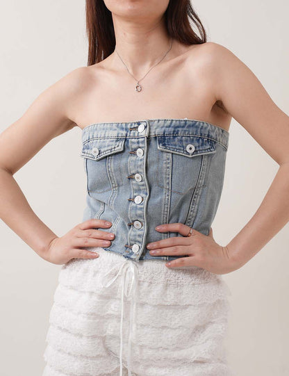 Button Down Strapless Denim Tube Tops