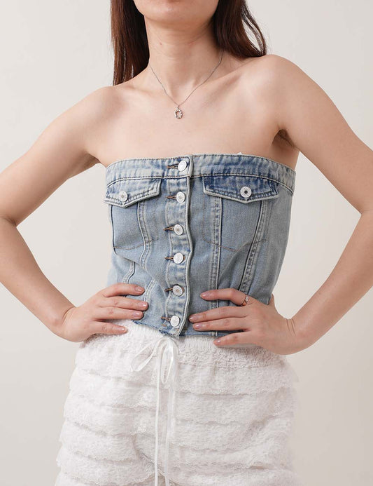 Button Down Strapless Denim Tube Tops