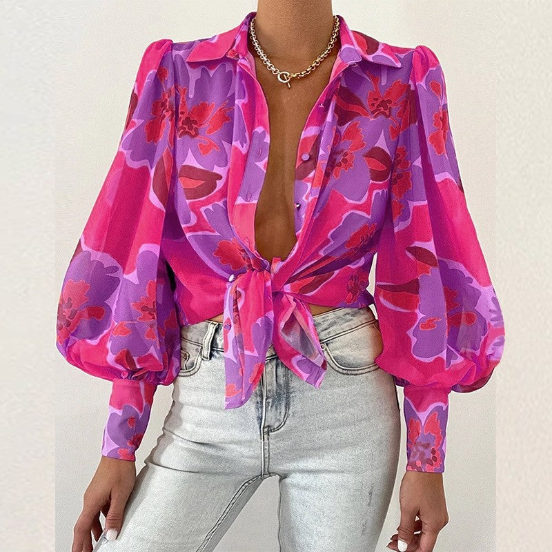 Thin Puff Sleeves Lapel Print Blouse